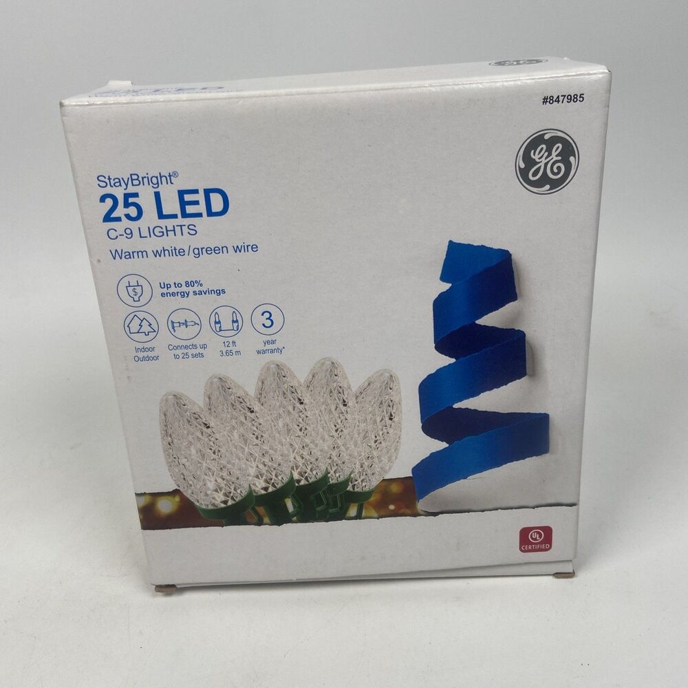 GE 25 CT StayBright C9 LED Christmas Light String Set Warm White Green 12 Feet
